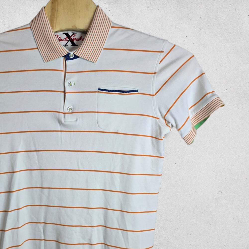 Robert Graham Mens Tailored Fit Striped Polo Shirt White Orange Size M Short Slv